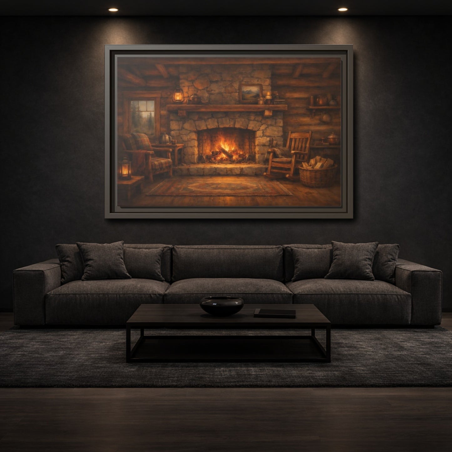 Mockup 2. Nature Fireplace Cozy Cabin Fireplace shown as stretched canvas wall art