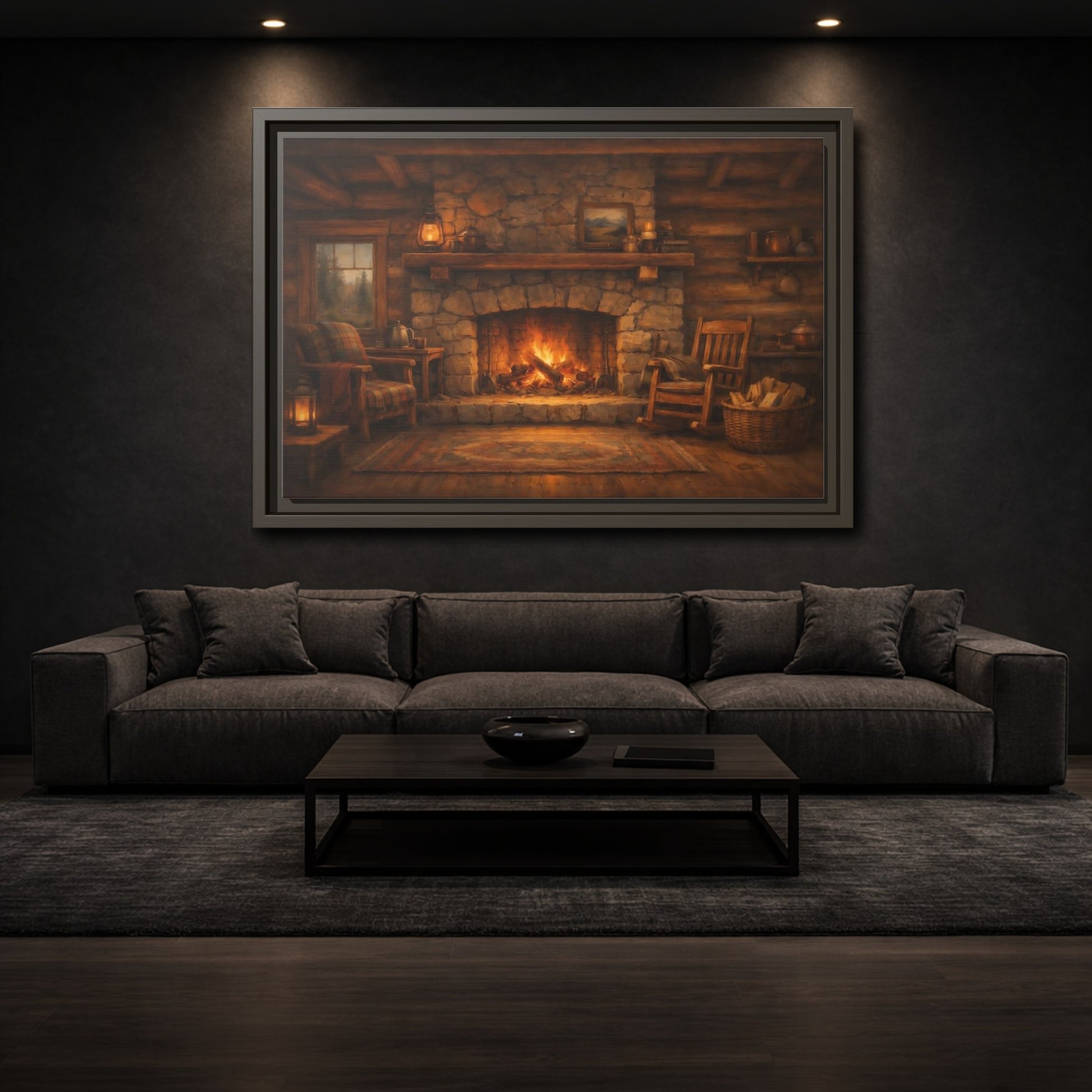 Mockup 2. Nature Fireplace Cozy Cabin Fireplace shown as stretched canvas wall art