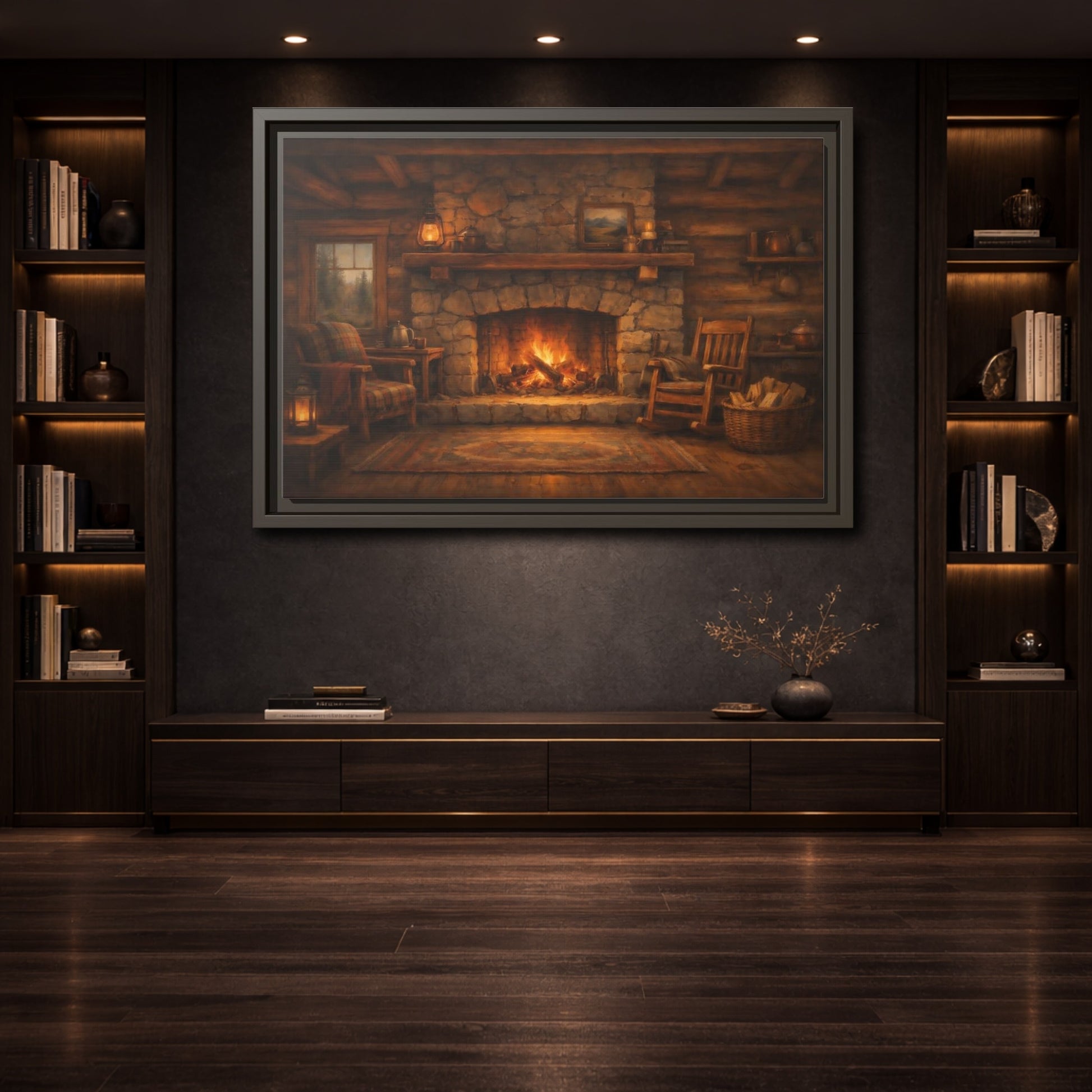 Mockup 3. Nature Fireplace Cozy Cabin Fireplace shown as stretched canvas wall art