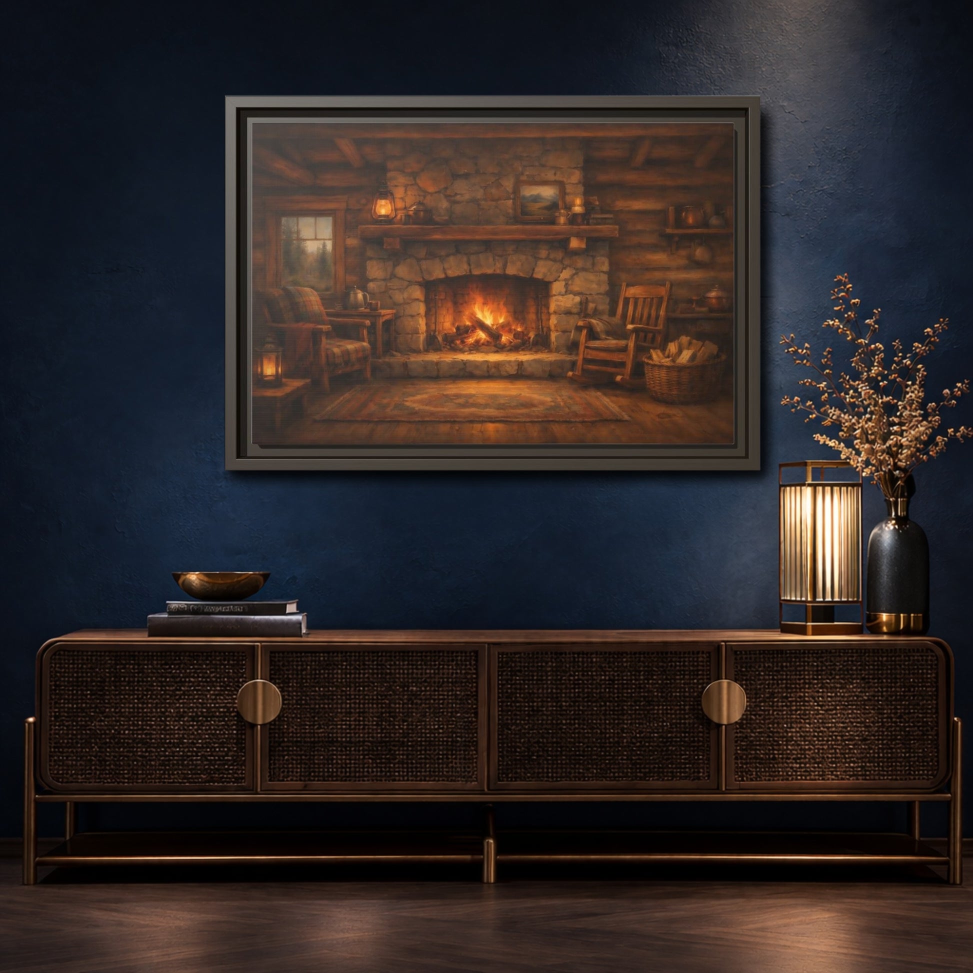 Mockup 4. Nature Fireplace Cozy Cabin Fireplace shown as stretched canvas wall art