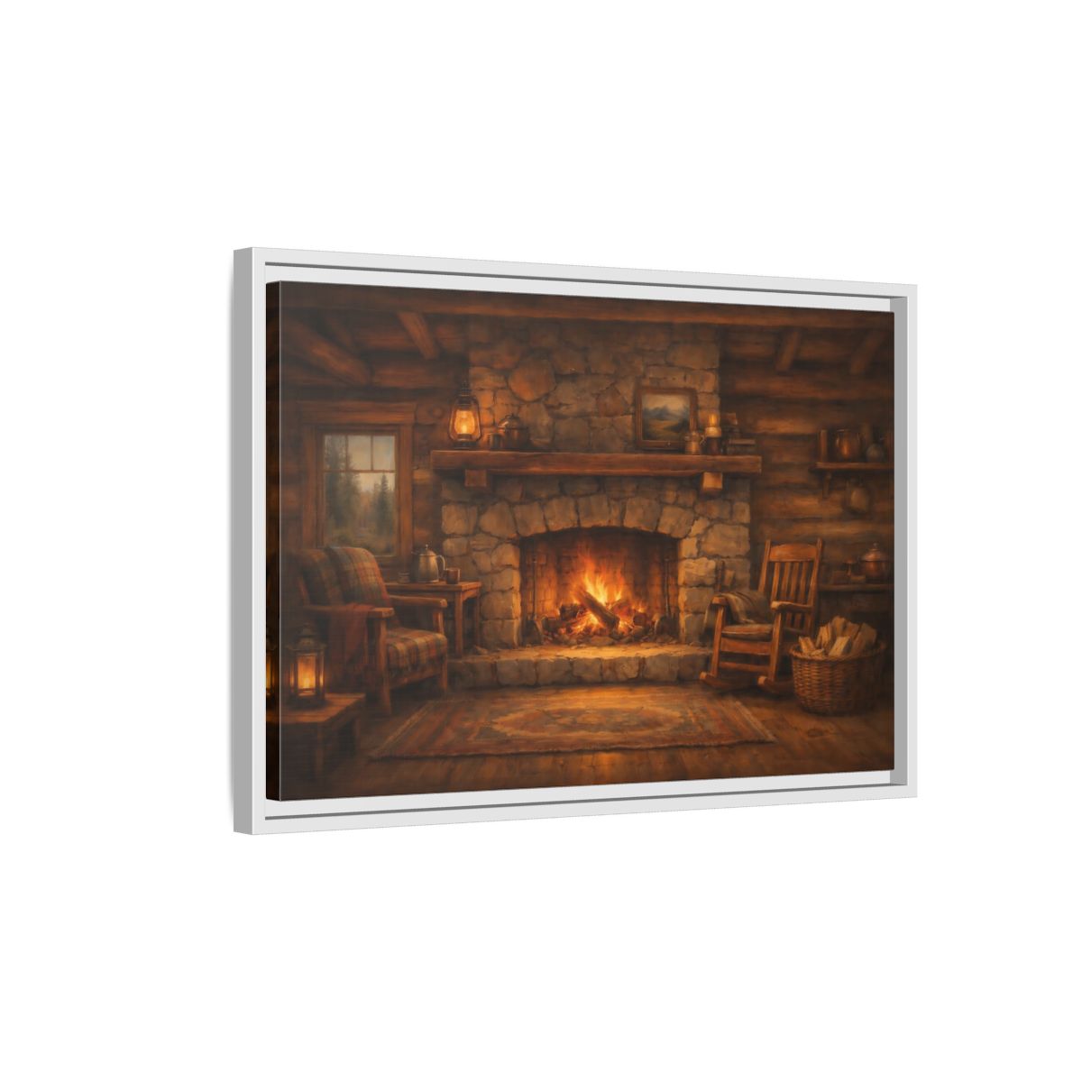 Side Mockup 1. Nature Fireplace Cozy Cabin Fireplace shown as stretched canvas wall art