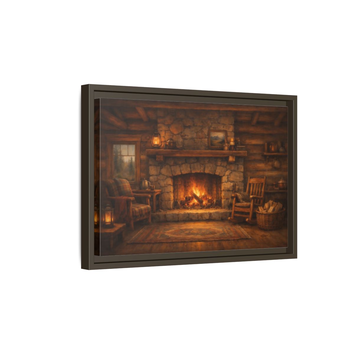 Side Mockup 5. Nature Fireplace Cozy Cabin Fireplace shown as stretched canvas wall art