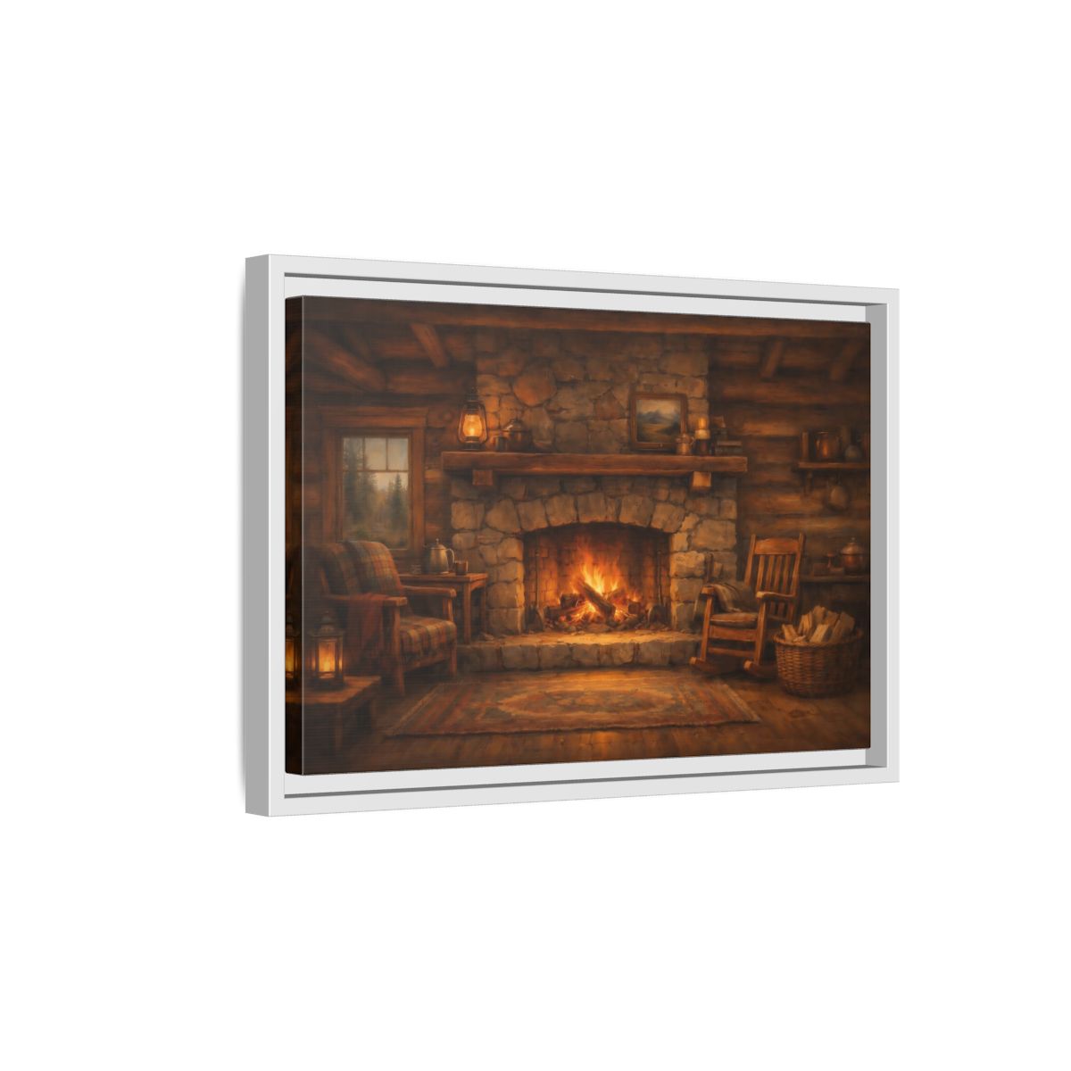 Side Mockup 4. Nature Fireplace Cozy Cabin Fireplace shown as stretched canvas wall art