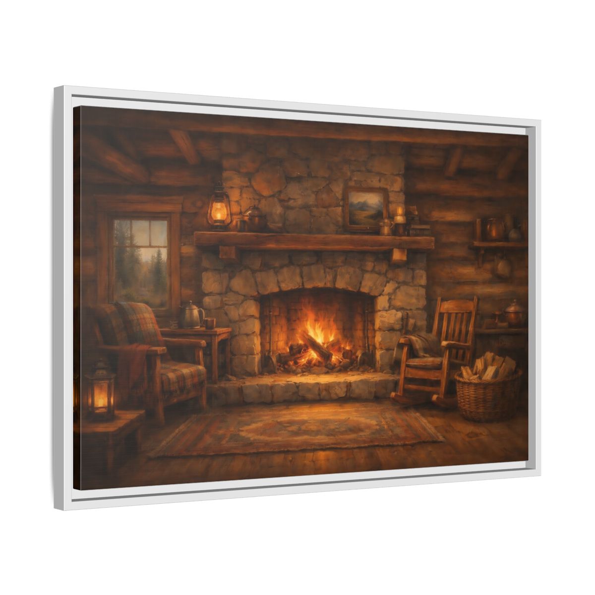 Side Mockup 10. Nature Fireplace Cozy Cabin Fireplace shown as stretched canvas wall art