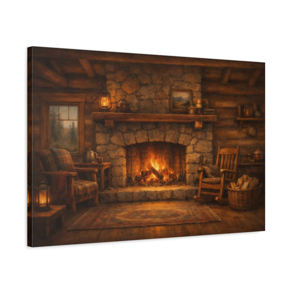 Side Mockup 2. Nature Fireplace Warm Cabin Fireplace shown as stretched canvas wall art