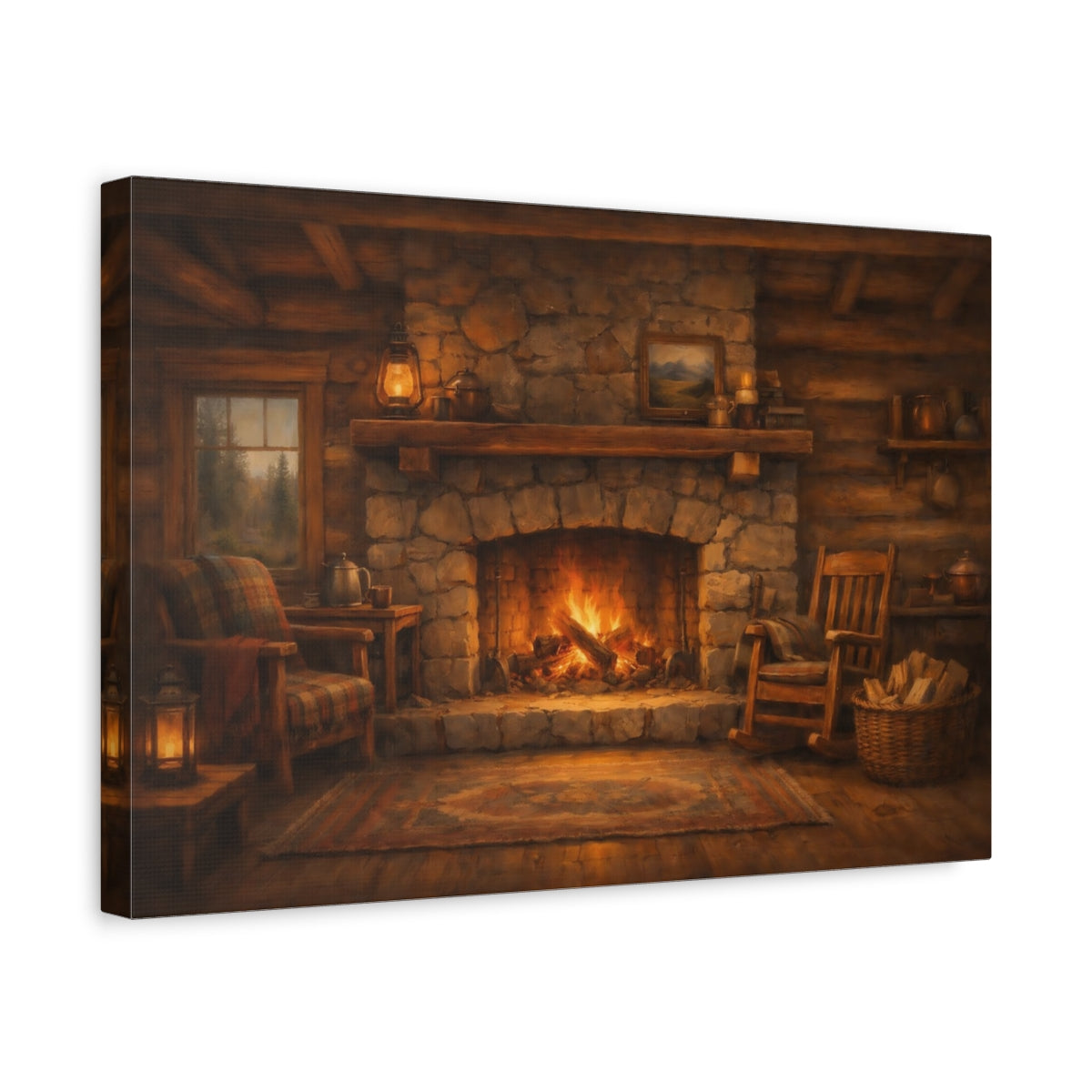 Side Mockup 4. Nature Fireplace Warm Cabin Fireplace shown as stretched canvas wall art