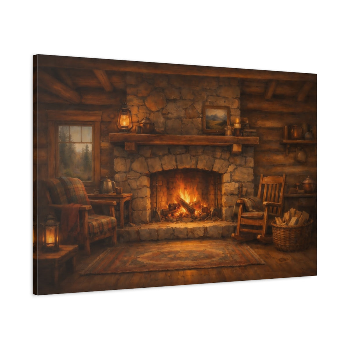 Side Mockup 1. Nature Fireplace Warm Cabin Fireplace shown as stretched canvas wall art