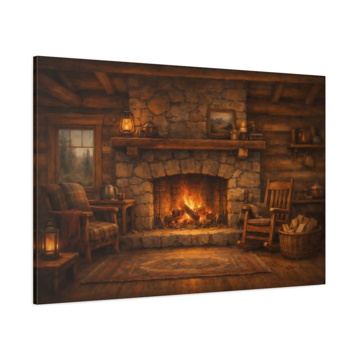 Main Mockup. Nature Fireplace Warm Cabin Fireplace shown as stretched canvas wall art