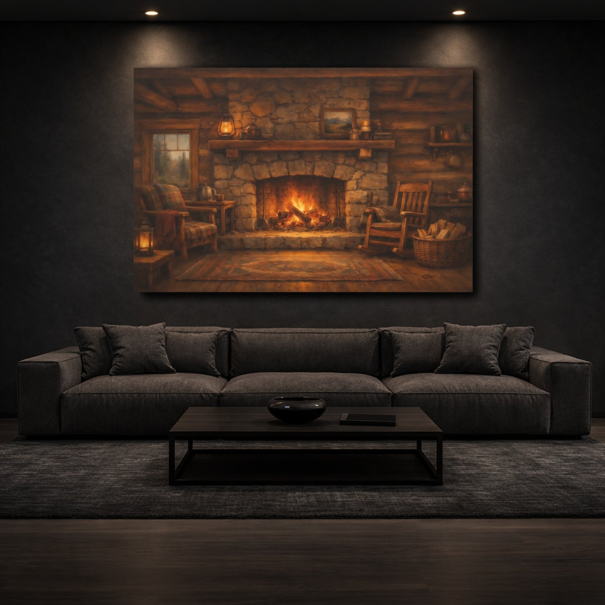 Mockup 2. Nature Fireplace Warm Cabin Fireplace shown as stretched canvas wall art