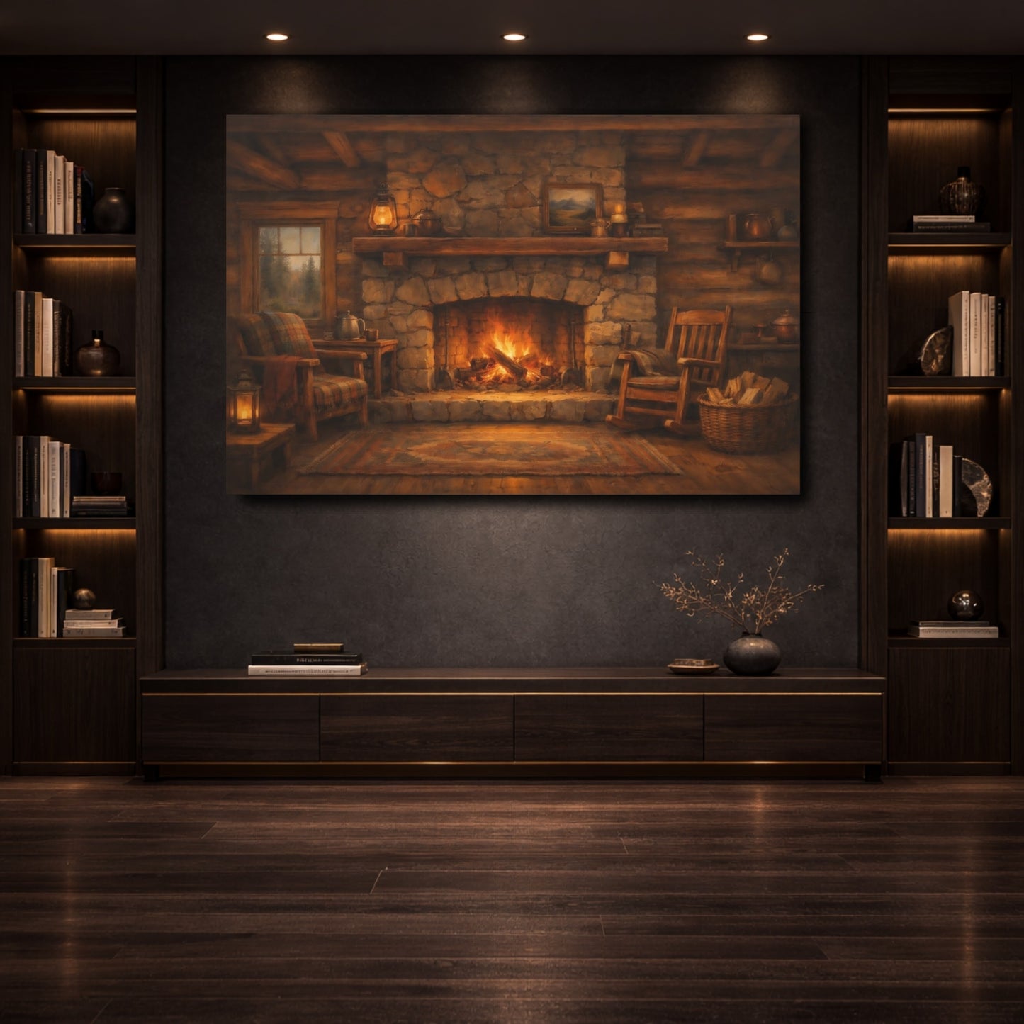 Mockup 3. Nature Fireplace Warm Cabin Fireplace shown as stretched canvas wall art