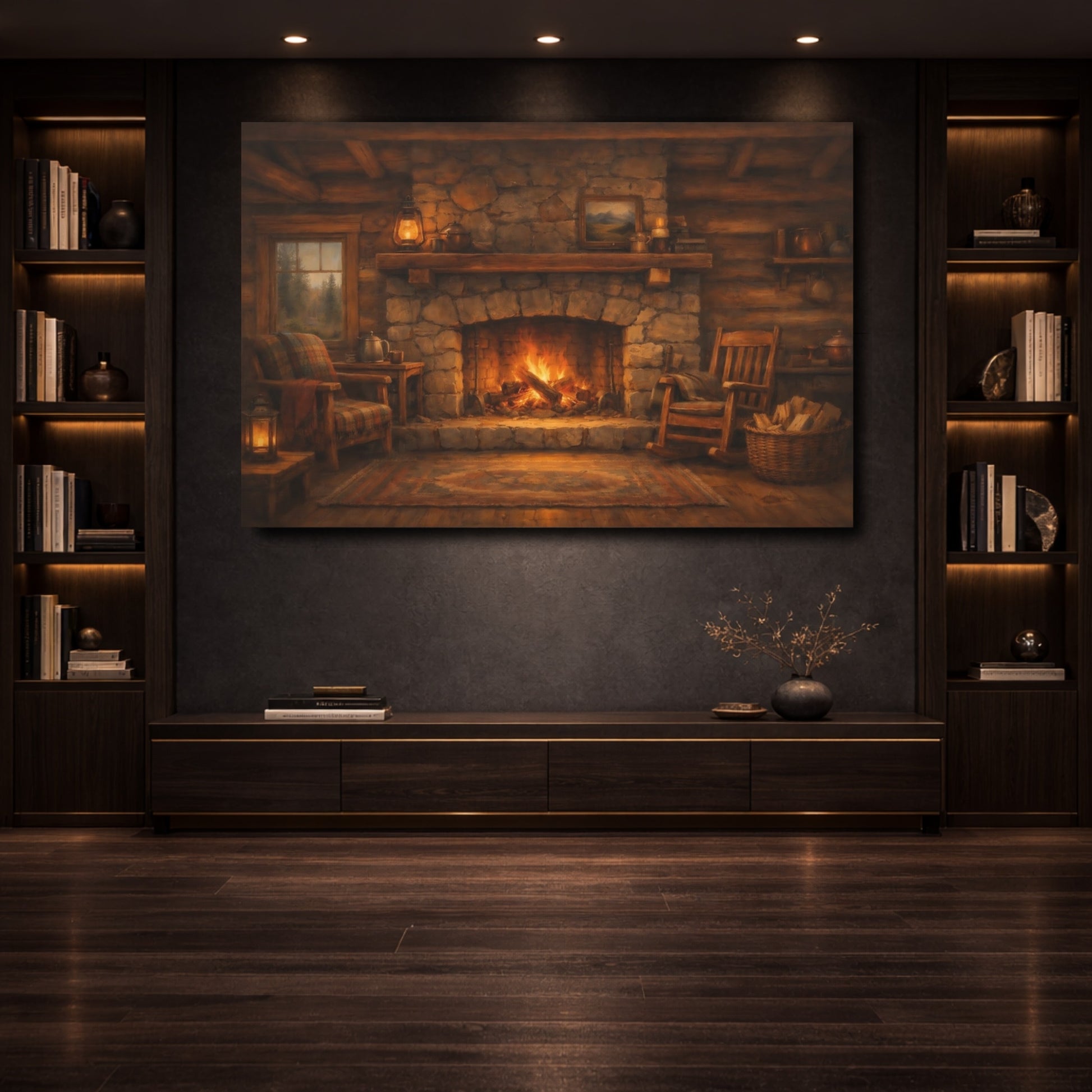 Mockup 3. Nature Fireplace Warm Cabin Fireplace shown as stretched canvas wall art
