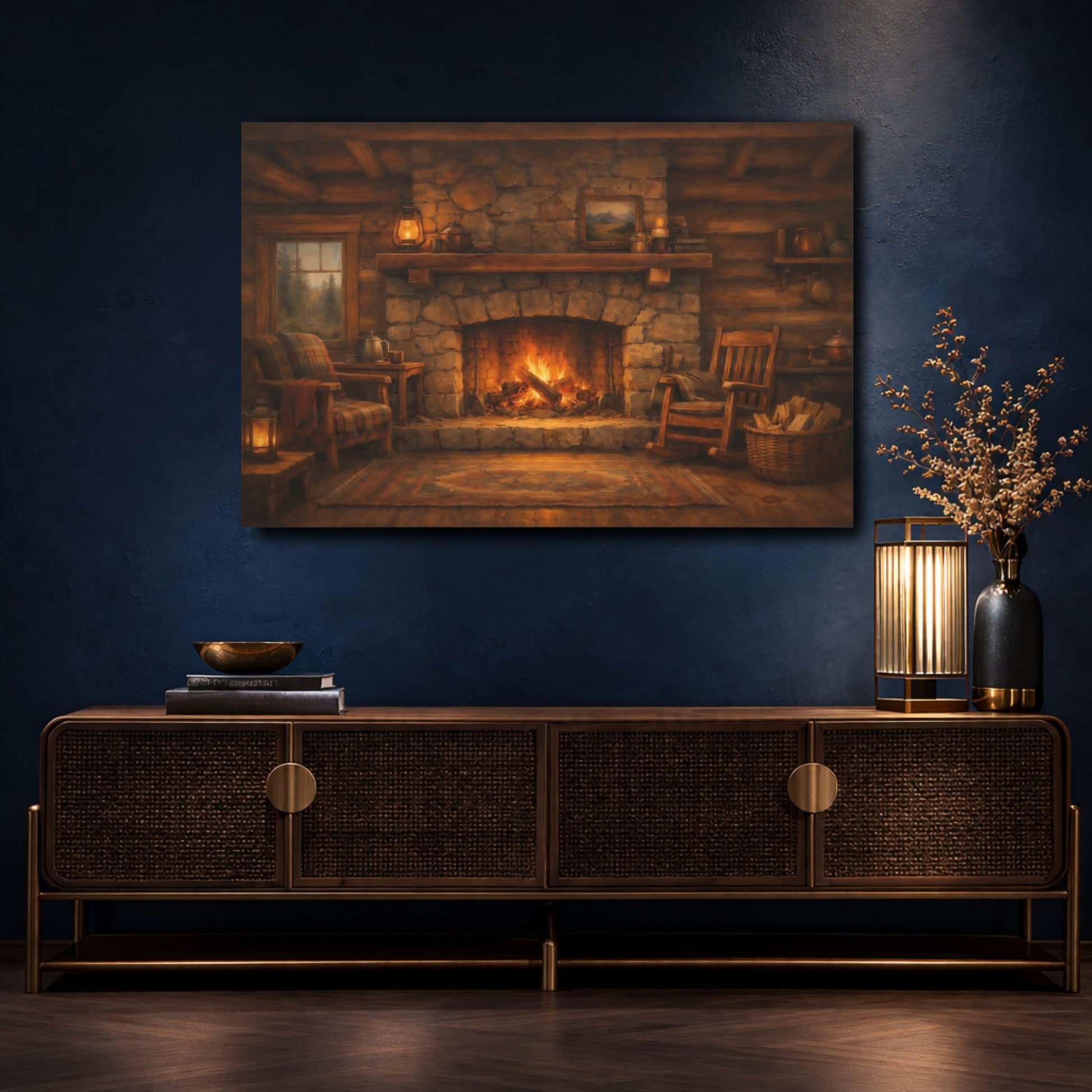 Mockup 4. Nature Fireplace Warm Cabin Fireplace shown as stretched canvas wall art