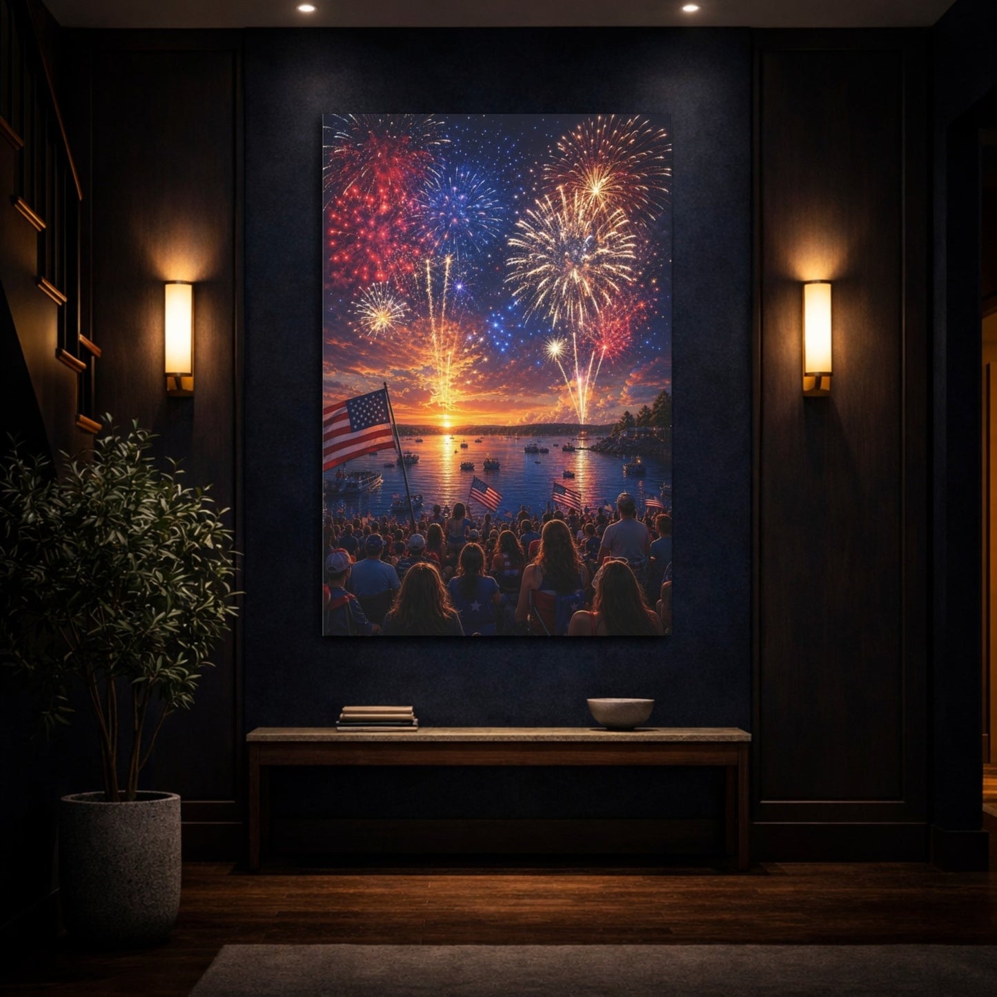 Nature Fireworks Display Red White Blue Canvas Wall Art Print – Realistic Living Room, Above Couch - YesArtYes