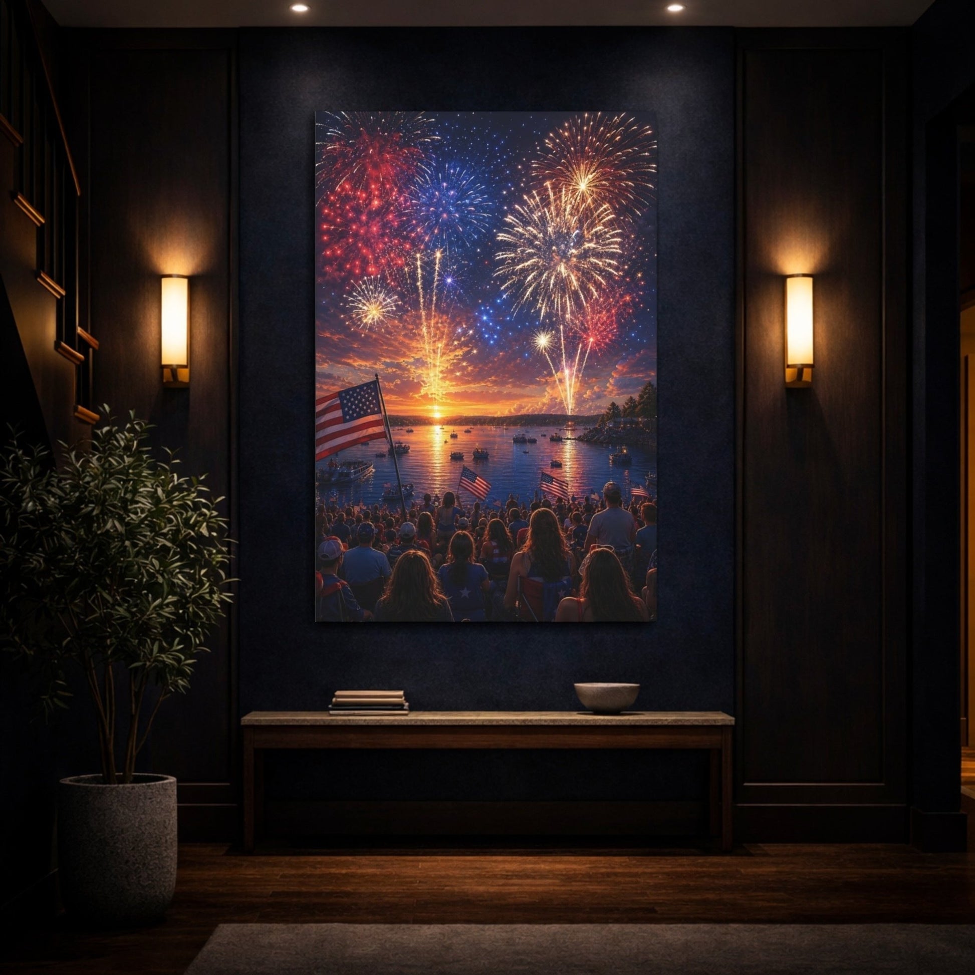 Nature Fireworks Display Red White Blue Canvas Wall Art Print – Realistic Living Room, Above Couch - YesArtYes