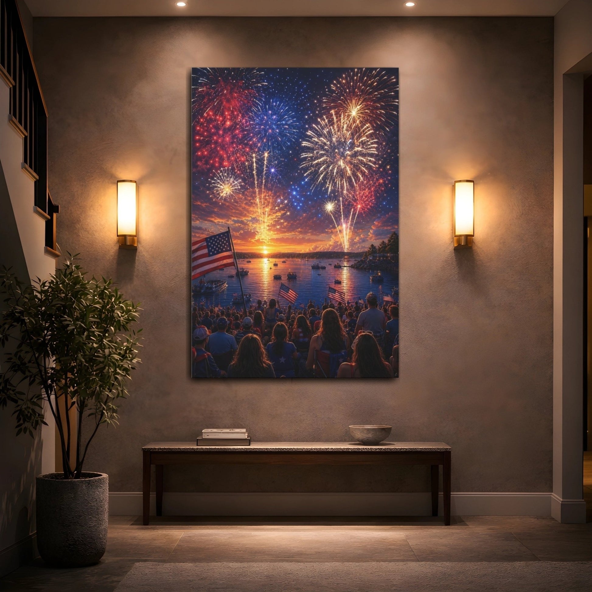 Nature Fireworks Display Red White Blue Canvas Wall Art Print – Realistic Living Room, Above Couch - YesArtYes