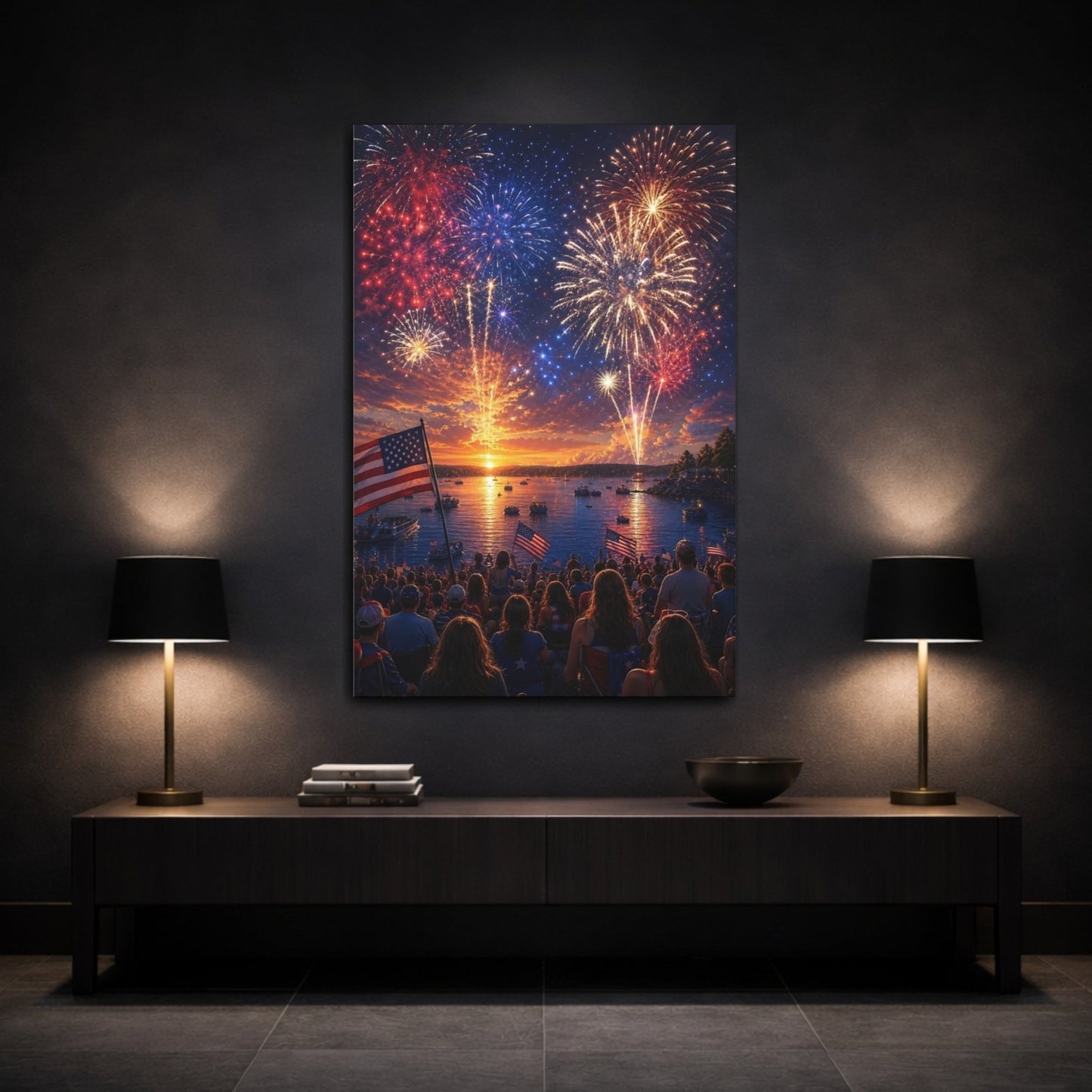 Nature Fireworks Display Red White Blue Canvas Wall Art Print – Realistic Living Room, Above Couch - YesArtYes
