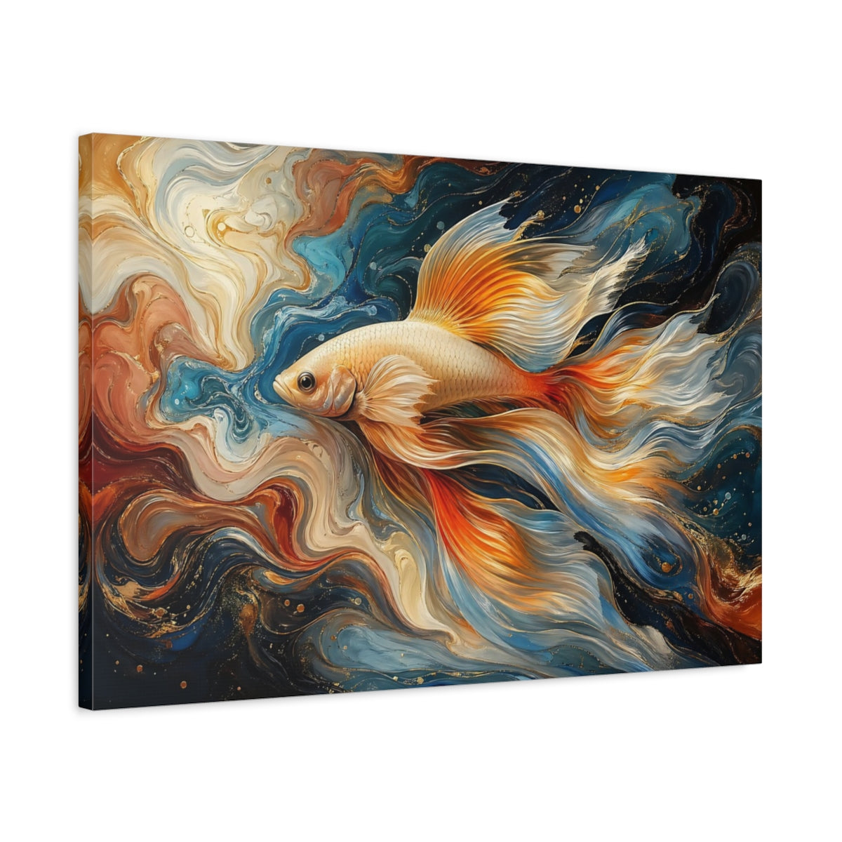 Side Mockup 2. Nature Fish Abstract Goldfish Art shown as stretched canvas wall art