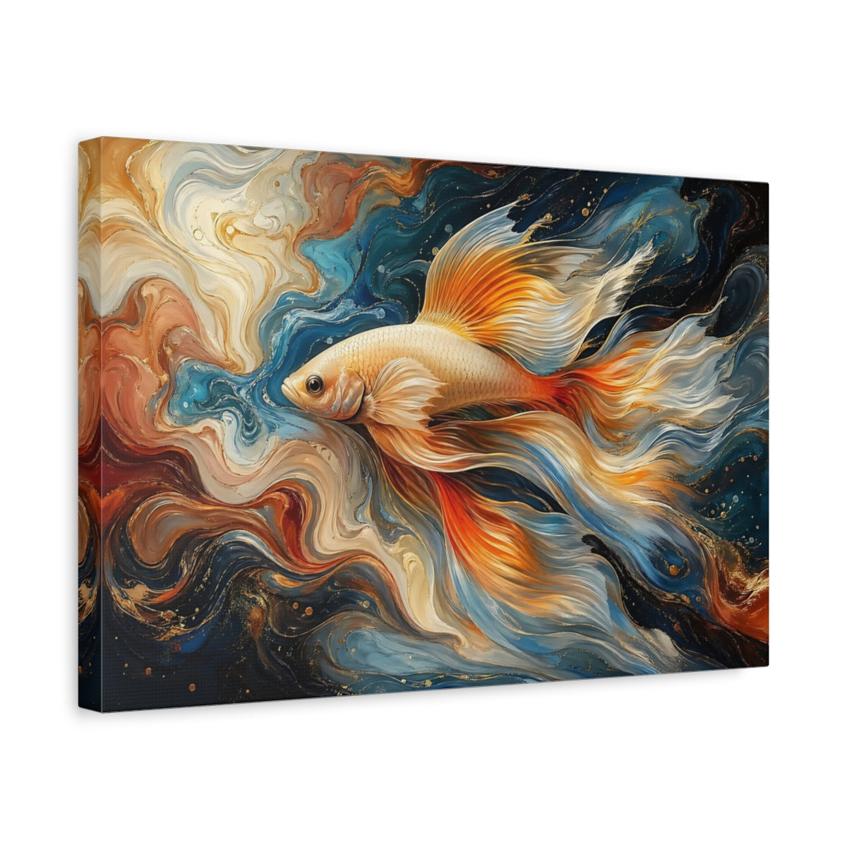 Side Mockup 4. Nature Fish Abstract Goldfish Art shown as stretched canvas wall art