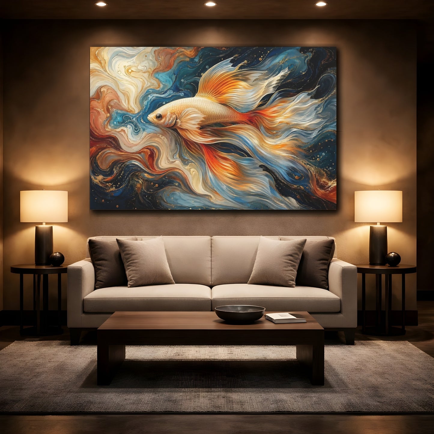 Mockup 2. Nature Fish Abstract Goldfish Art shown as stretched canvas wall art