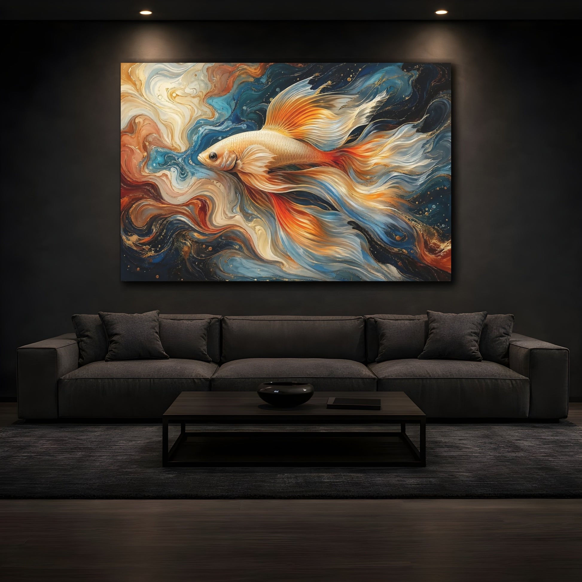 Mockup 3. Nature Fish Abstract Goldfish Art shown as stretched canvas wall art
