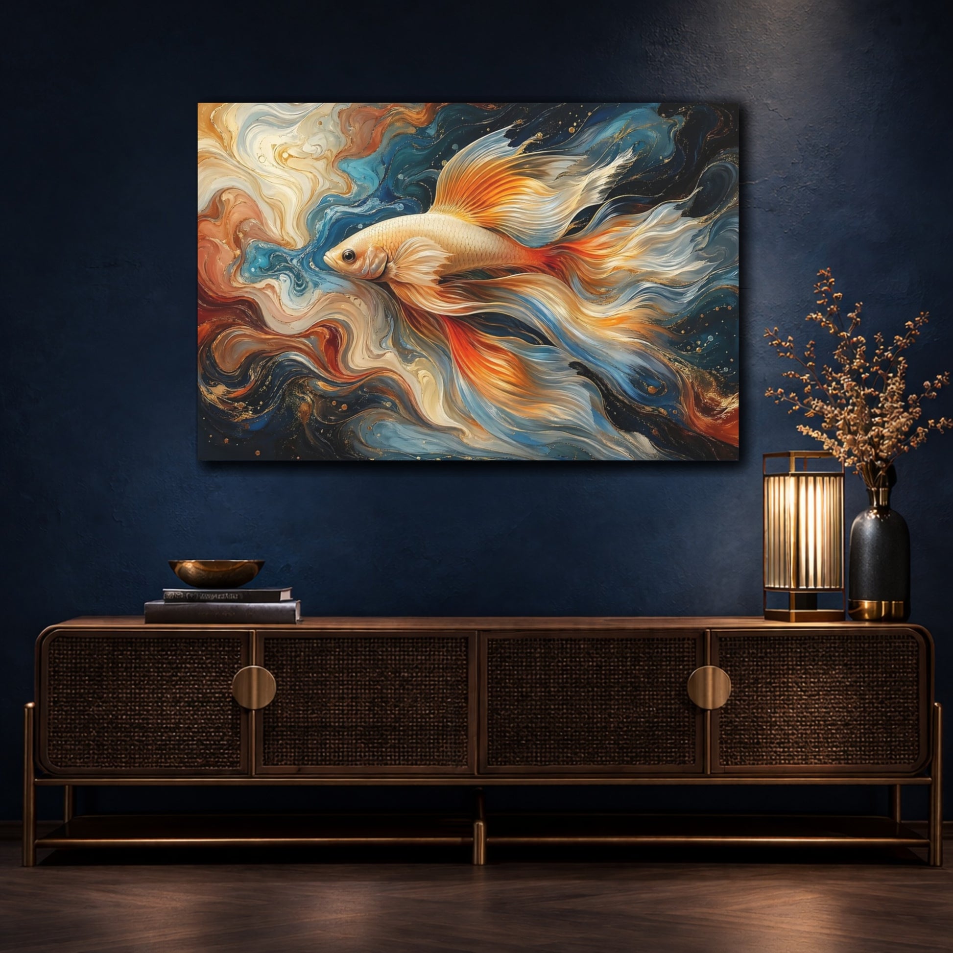 Mockup 4. Nature Fish Abstract Goldfish Art shown as stretched canvas wall art