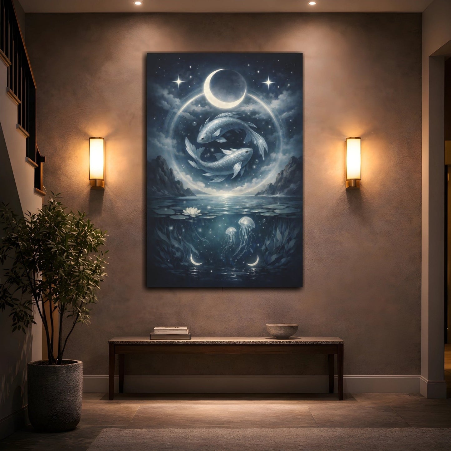 Nature Fish Blue Celestial Art - Canvas Wall Art Print - YesArtYes