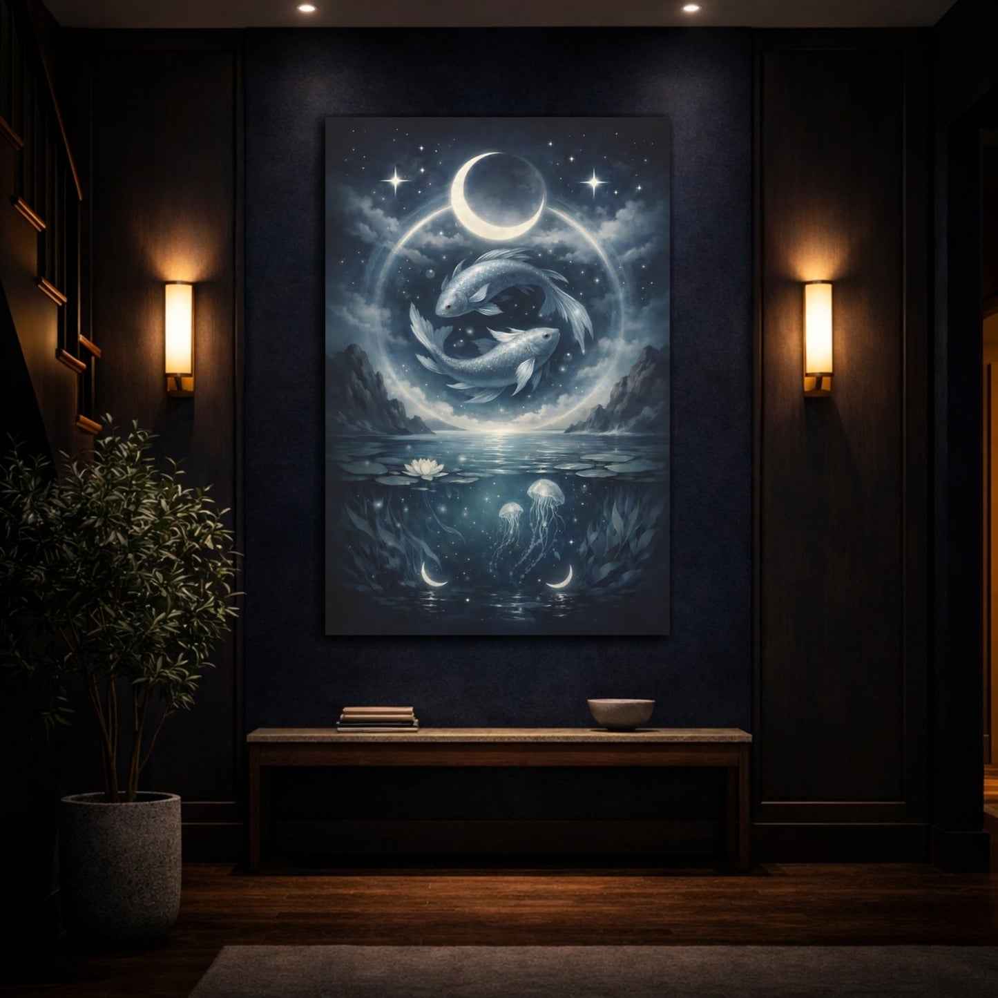 Nature Fish Blue Celestial Art - Canvas Wall Art Print - YesArtYes