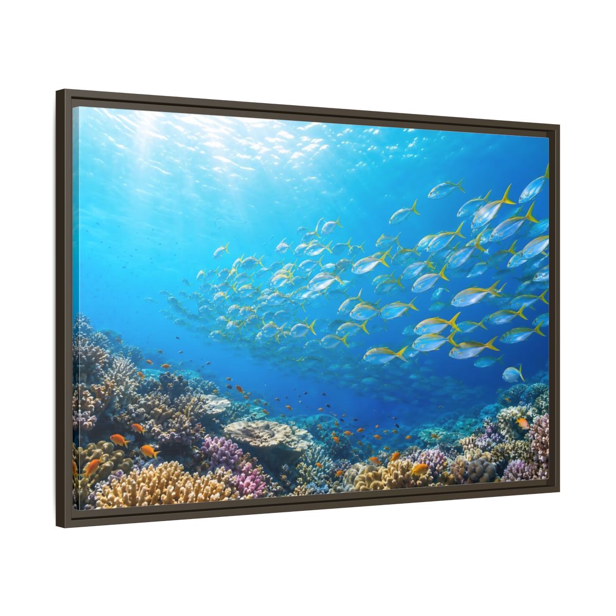 Main Mockup. Nature Fish Blue Ocean Life shown as stretched canvas wall art