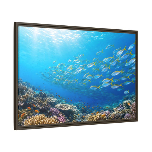 Main Mockup. Nature Fish Blue Ocean Life shown as stretched canvas wall art