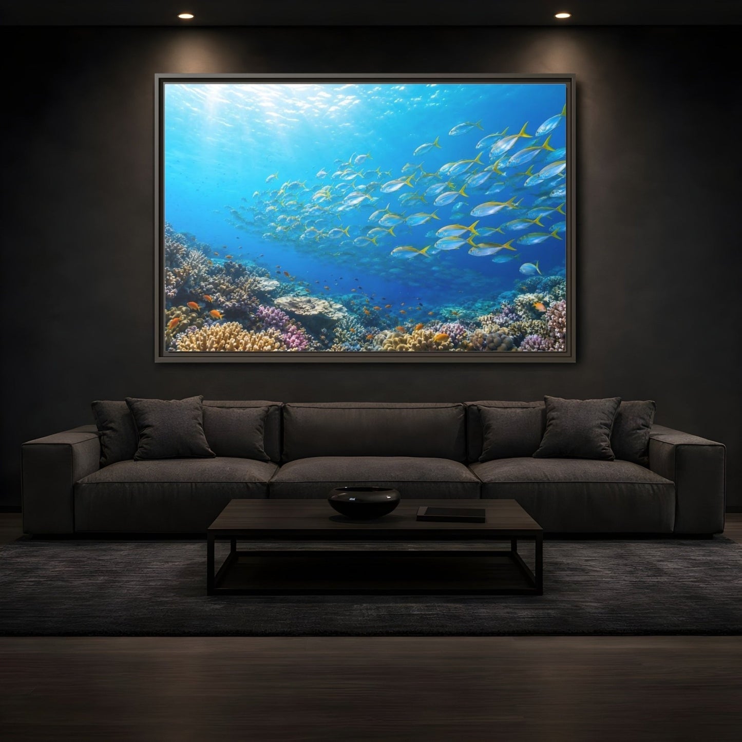 Nature Fish Blue Ocean Life Framed Canvas Wall Art Print – Realistic Living Room, Above Fireplace - YesArtYes