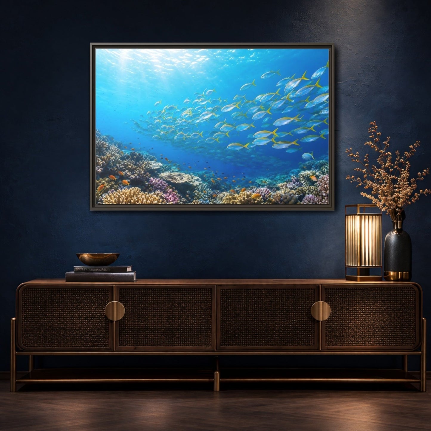 Nature Fish Blue Ocean Life Framed Canvas Wall Art Print – Realistic Living Room, Above Fireplace - YesArtYes
