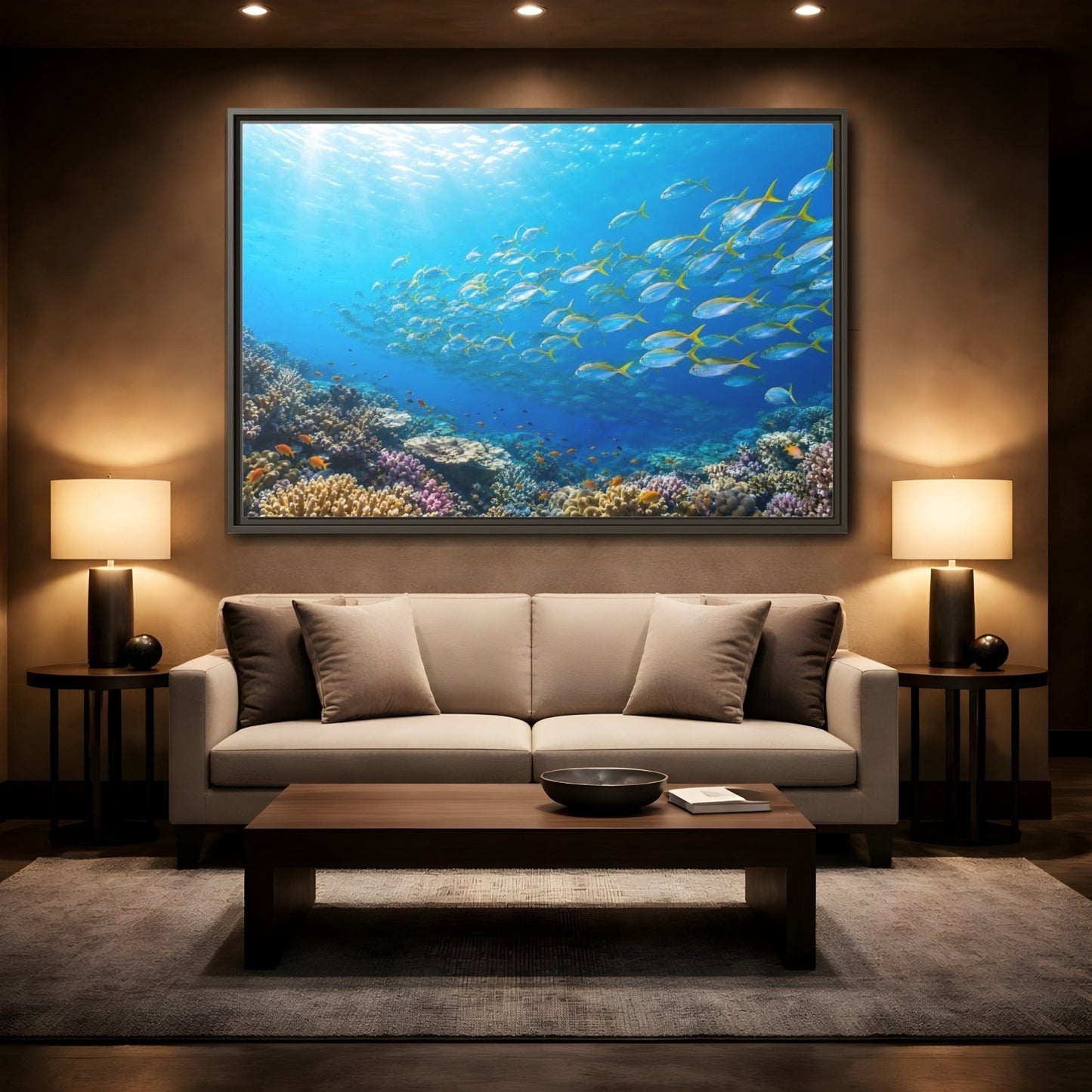 Nature Fish Blue Ocean Life Framed Canvas Wall Art Print – Realistic Living Room, Above Fireplace - YesArtYes