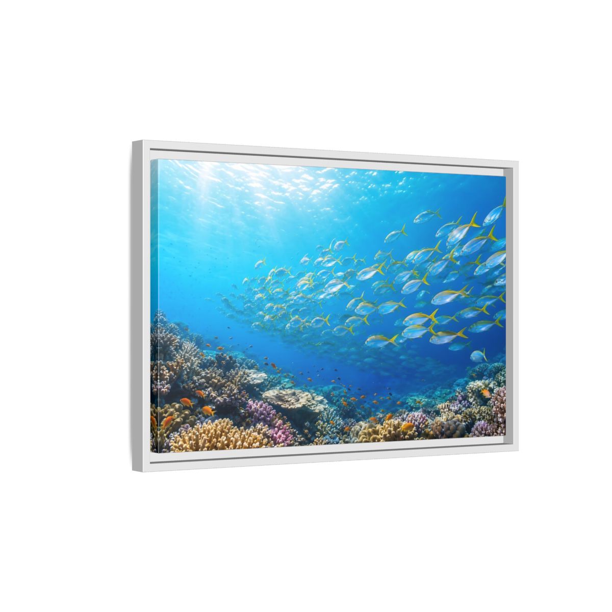Side Mockup 1. Nature Fish Blue Ocean Life shown as stretched canvas wall art