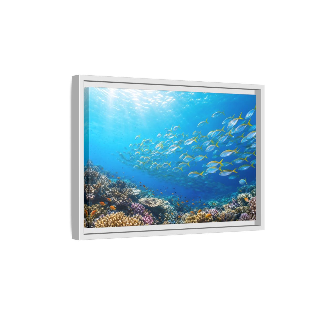 Side Mockup 4. Nature Fish Blue Ocean Life shown as stretched canvas wall art