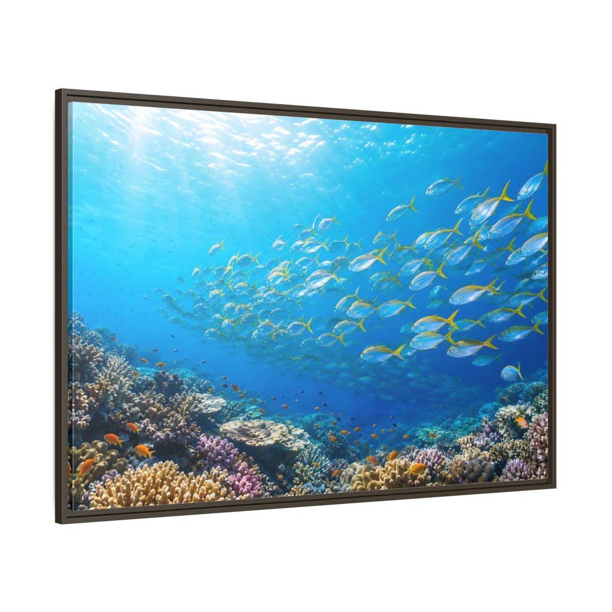 Side Mockup 8. Nature Fish Blue Ocean Life shown as stretched canvas wall art