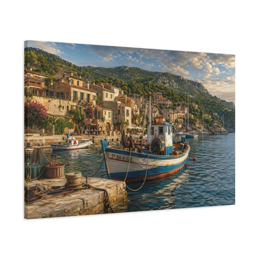 Main Mockup. Nature Fishing Boat Coastal Blue shown as stretched canvas wall art