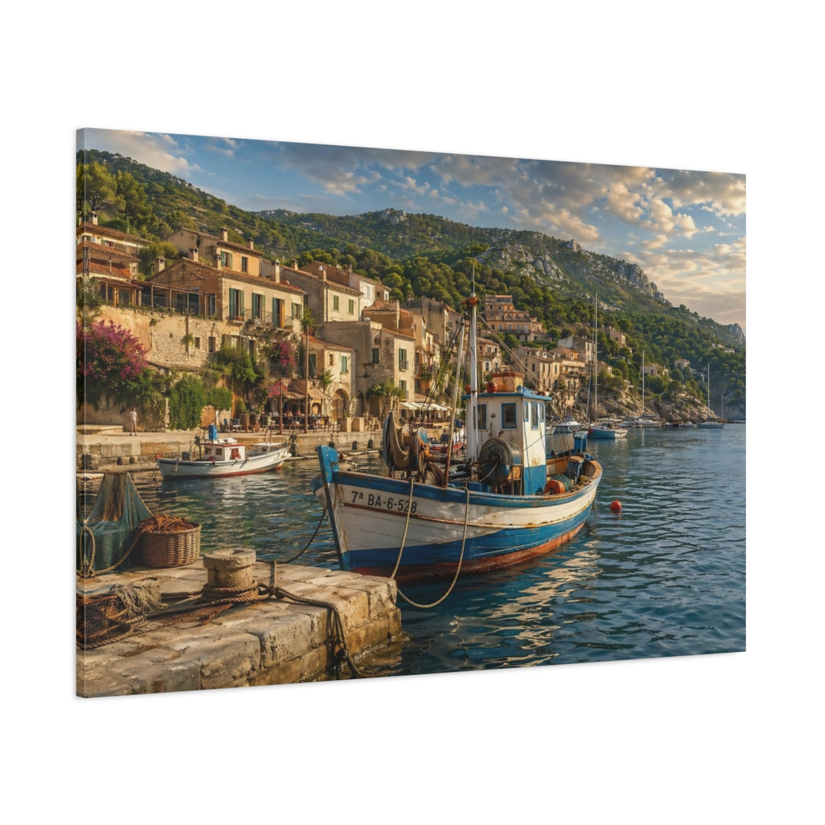 Side Mockup 1. Nature Fishing Boat Coastal Blue shown as stretched canvas wall art