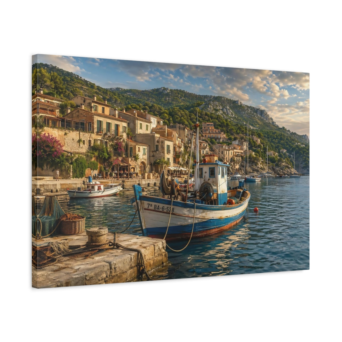 Side Mockup 2. Nature Fishing Boat Coastal Blue shown as stretched canvas wall art