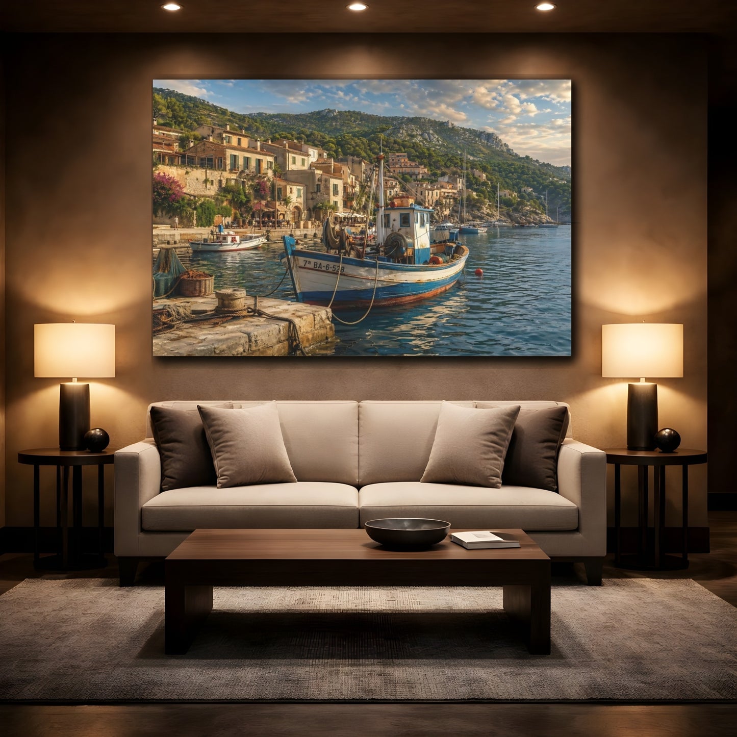 Mockup 2. Nature Fishing Boat Coastal Blue shown as stretched canvas wall art