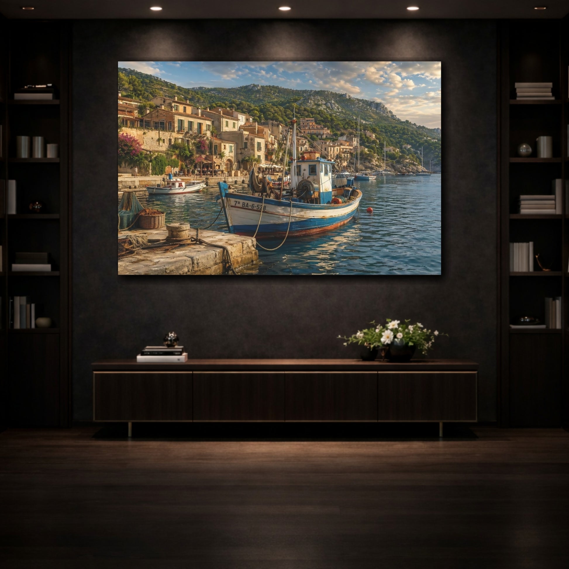 Mockup 3. Nature Fishing Boat Coastal Blue shown as stretched canvas wall art