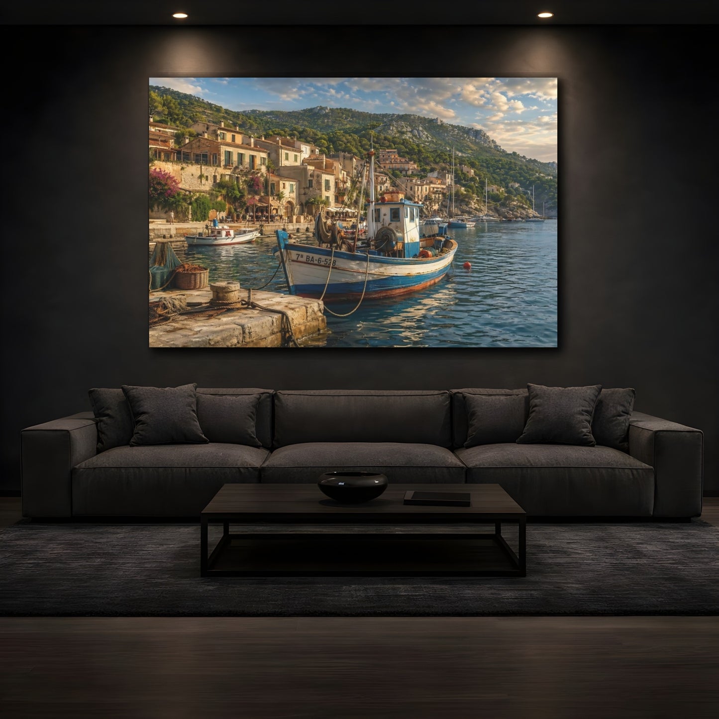 Mockup 4. Nature Fishing Boat Coastal Blue shown as stretched canvas wall art