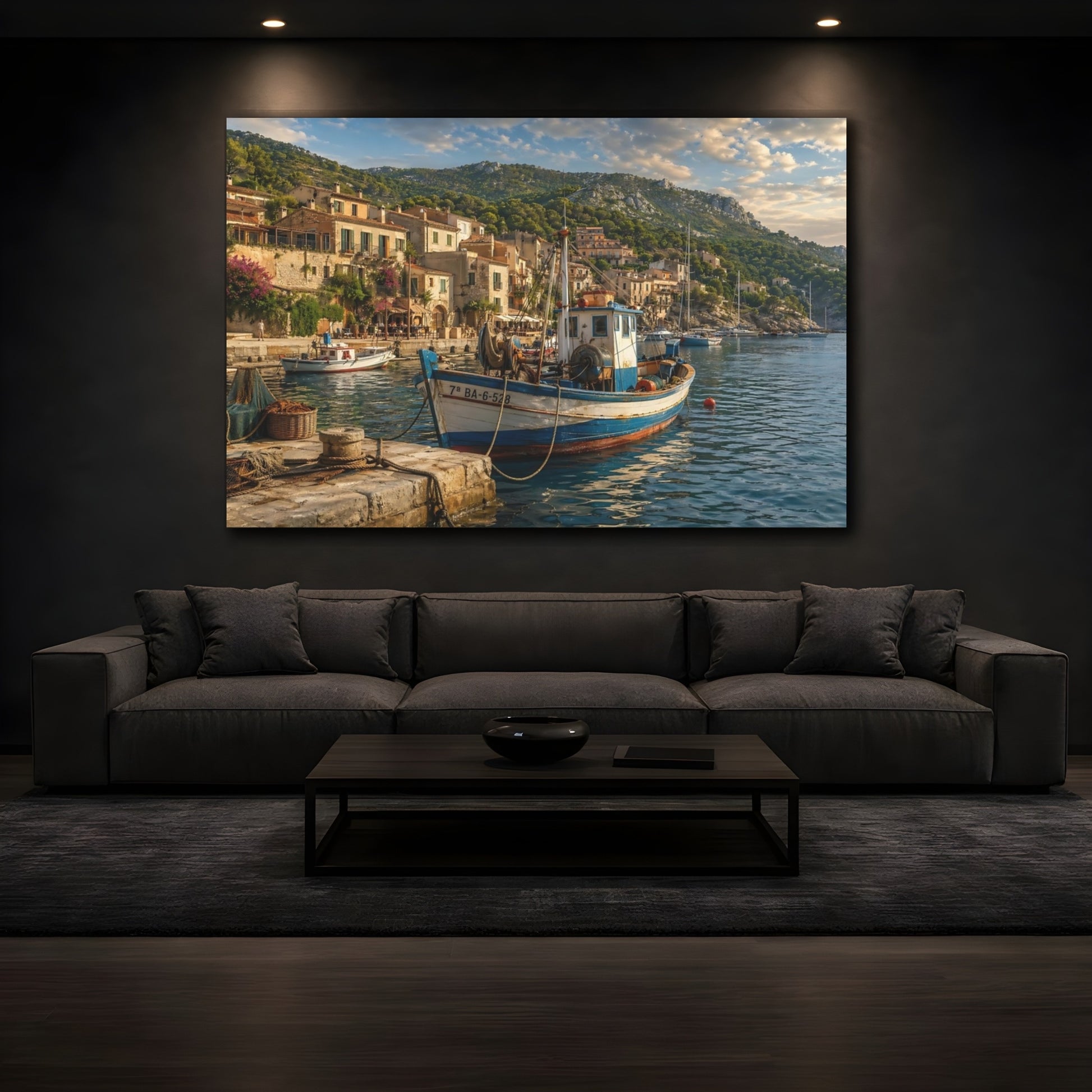 Mockup 4. Nature Fishing Boat Coastal Blue shown as stretched canvas wall art
