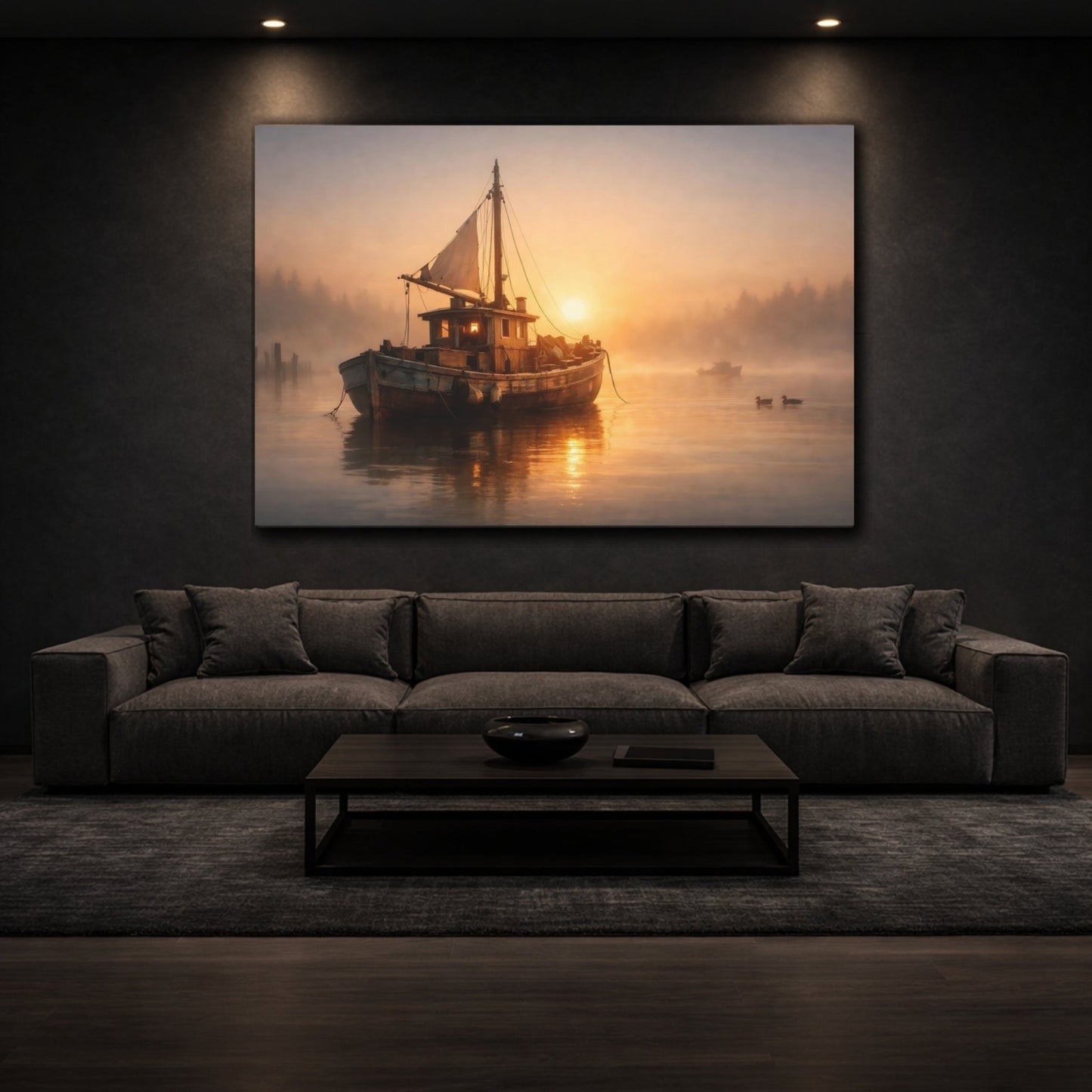 Nature Fishing Boat Misty Sunrise - Canvas Wall Art Print - YesArtYes