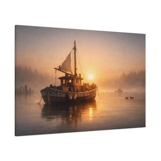 Nature Fishing Boat Misty Sunrise - Canvas Wall Art Print - YesArtYes