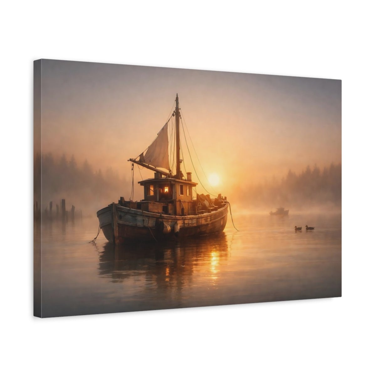 Nature Fishing Boat Misty Sunrise - Canvas Wall Art Print - YesArtYes