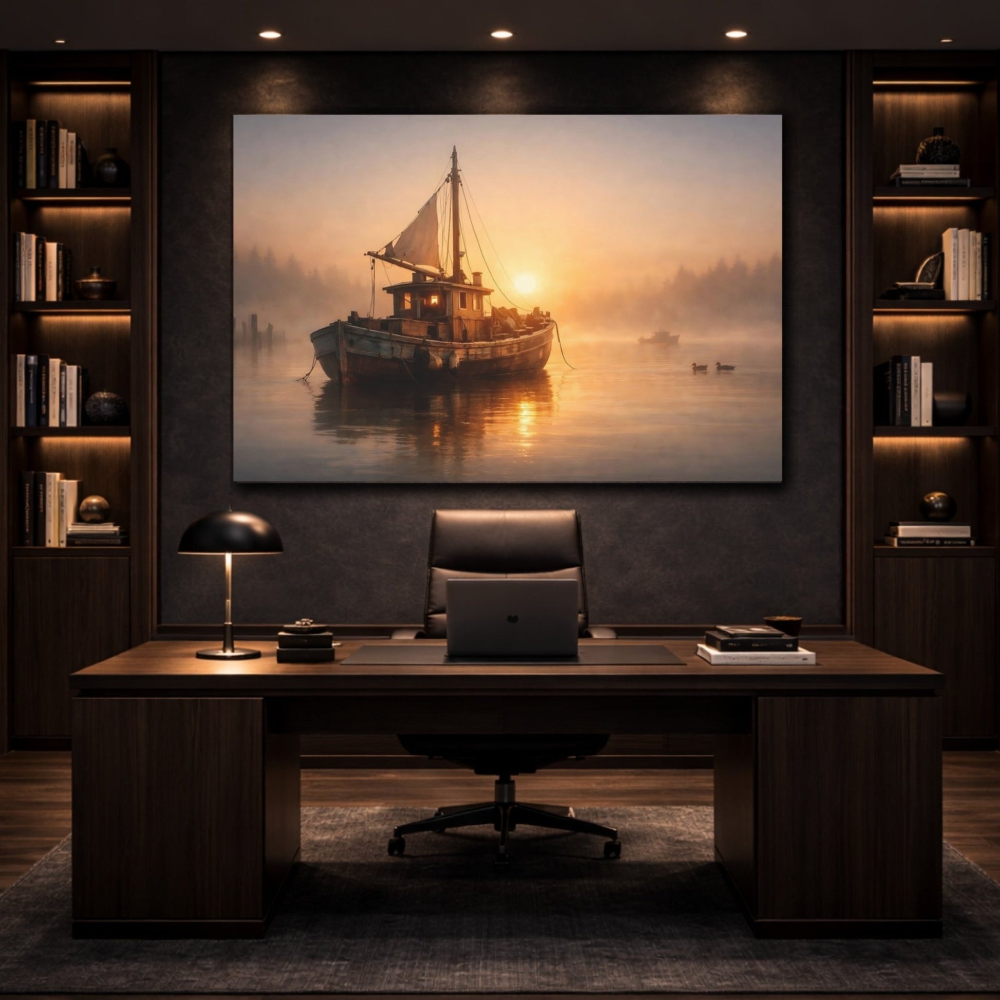 Nature Fishing Boat Misty Sunrise - Canvas Wall Art Print - YesArtYes