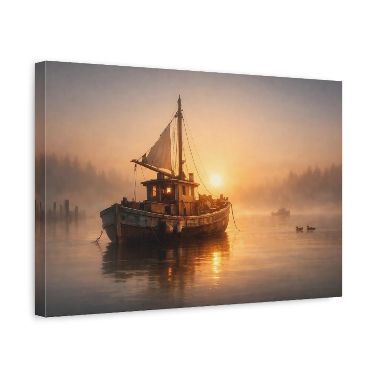 Nature Fishing Boat Misty Sunrise - Canvas Wall Art Print - YesArtYes