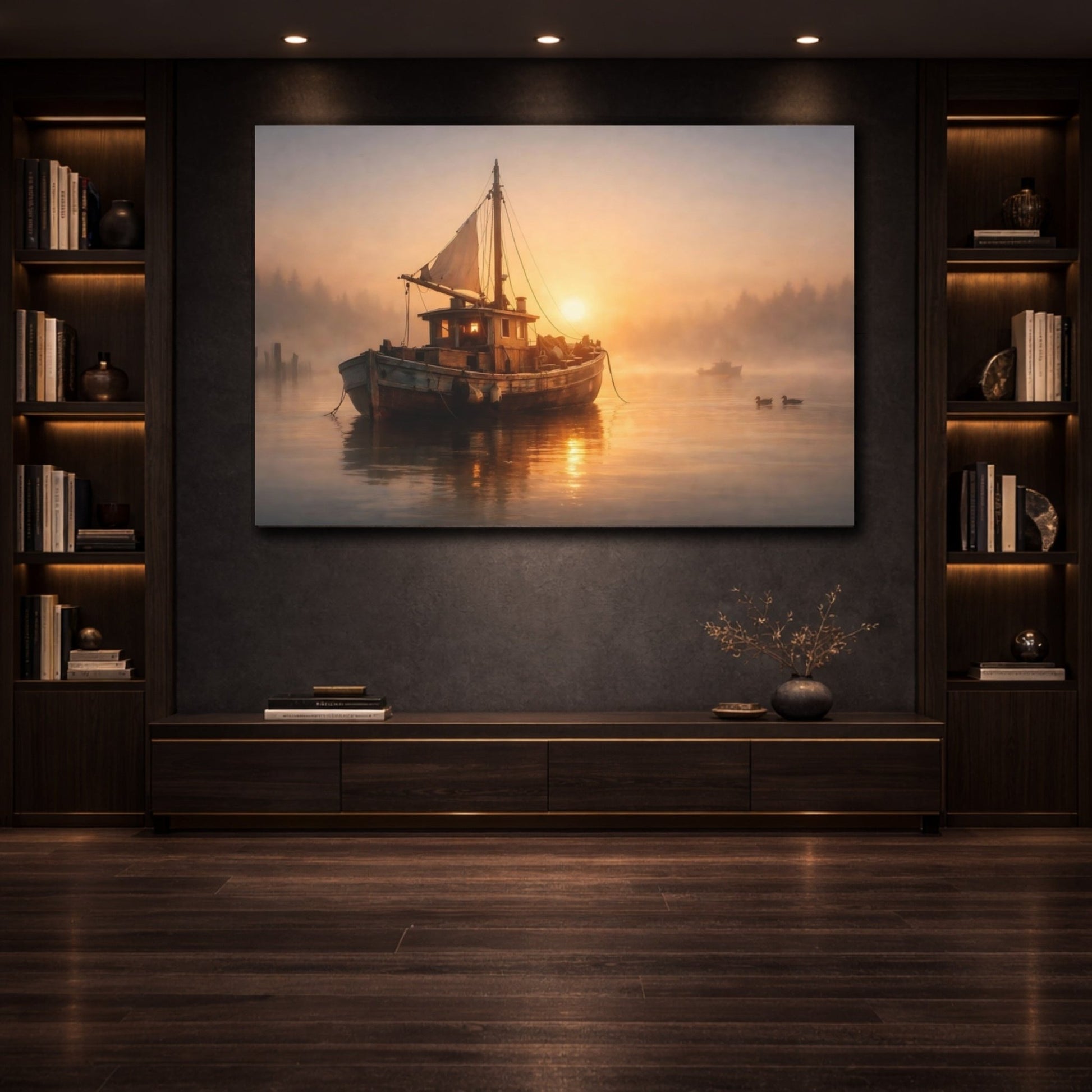 Nature Fishing Boat Misty Sunrise - Canvas Wall Art Print - YesArtYes