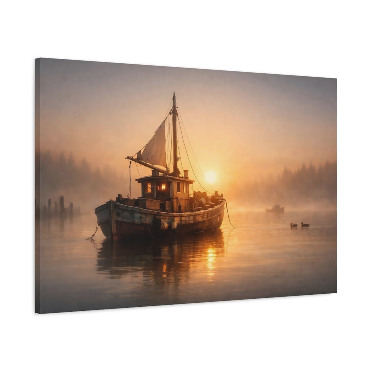 Nature Fishing Boat Misty Sunrise - Canvas Wall Art Print - YesArtYes