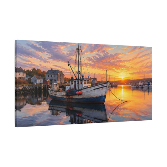 Main Mockup. Nature Fishing Boat Orange Blue shown as stretched canvas wall art